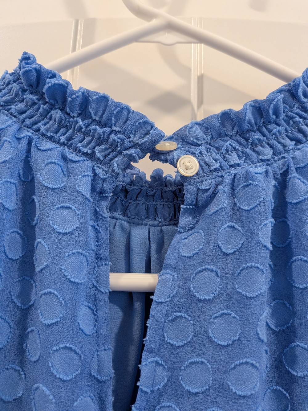 LOFT Blue Swiss Dot Ruffle Sleeve Smocked Neck Blouse - Picture 5 of 6